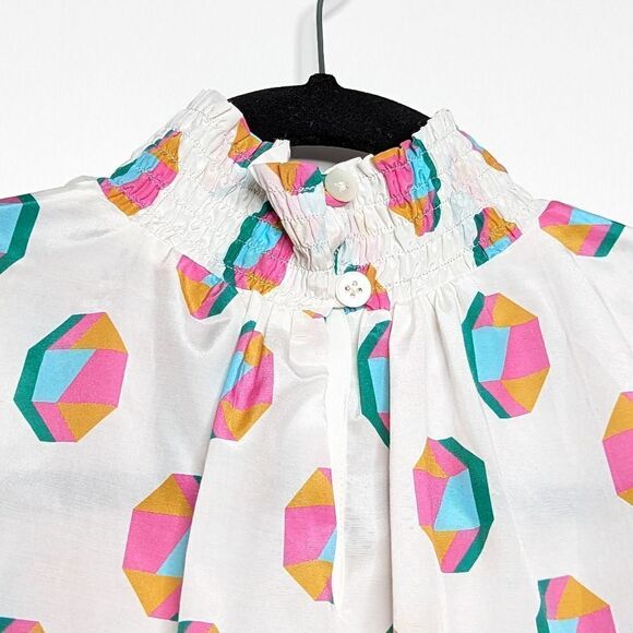 Tucker NYC Stella Top Pearl Geo in Silk Cotton Smock Mock Neck Semi Sheer - Picture 7 of 7